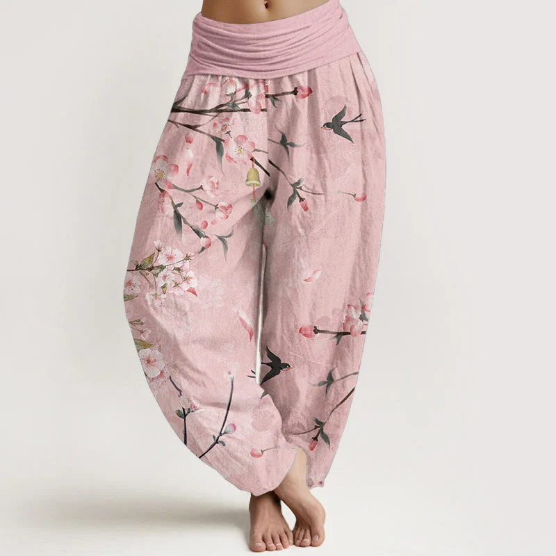 Buddha Stones Cotton Peach Blossoms Flying Geese Pattern Women's Elastic Waist Harem Pants