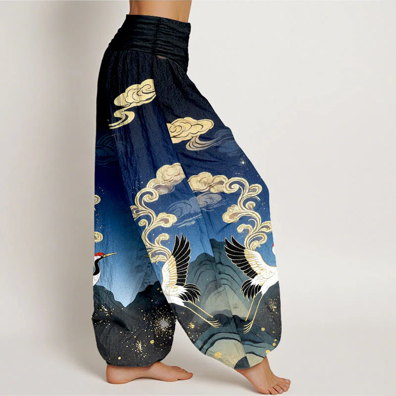 Buddha Stones Pure Cotton Colorful Crane Cloud Mountain Pattern Women's Elastic Waist Harem Pants