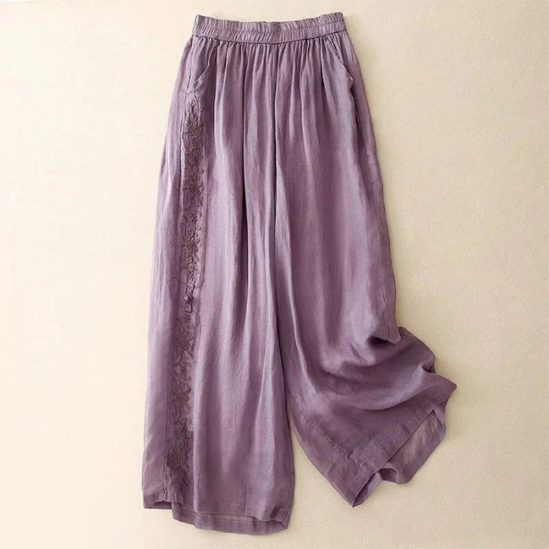 Buddha Stones Side Embroidery Design Women's 7-8 Length Wide Leg Pants With Pockets