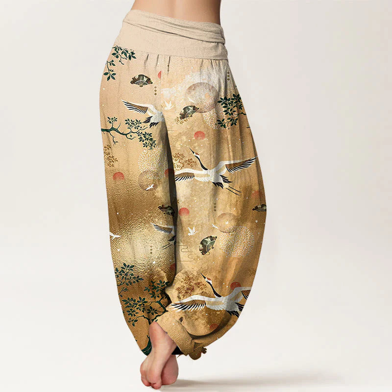 Buddha Stones Cotton Traditional Crane Pine Tree Bird Fan Sun Pattern Women's Elastic Waist Harem Pants