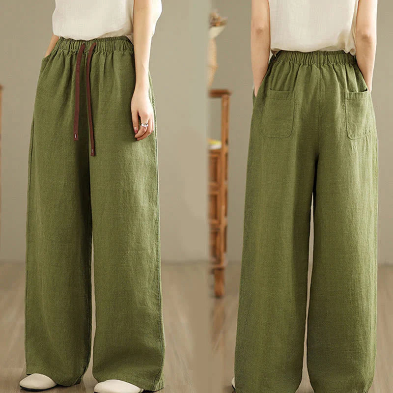 Buddha Stones Commute Retro Solid Color Women's Harem Drawstring Cotton Pants With Pockets