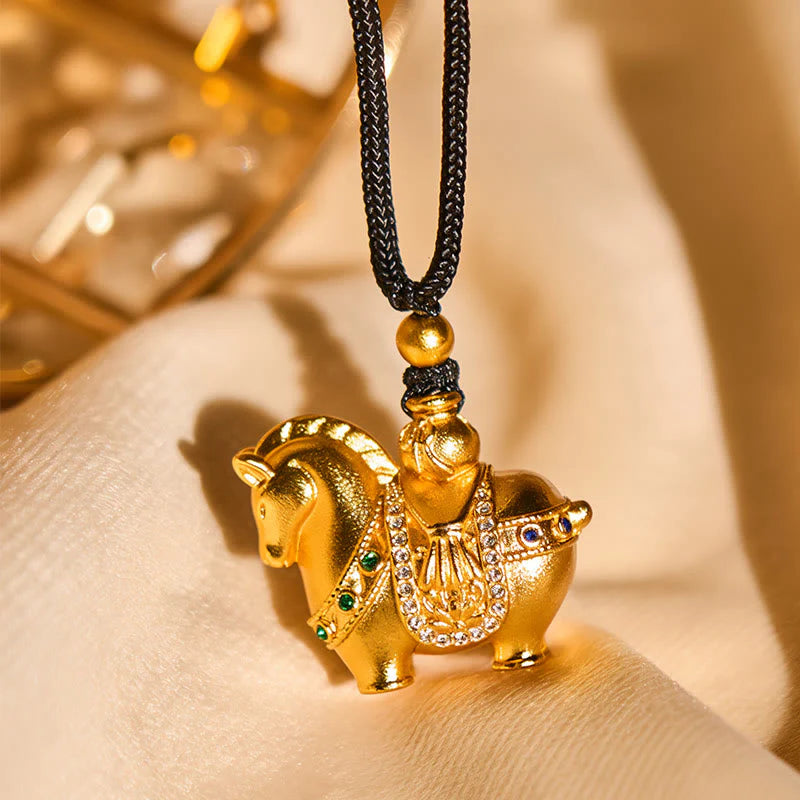 Buddha Stones Year Of The Horse 24k Gold Plated Brass Rope Cord Necklace Pendant