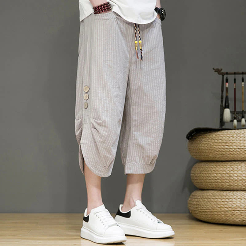 Buddha Stones Casual White Stripes Pattern Drawstring Button Design Men's Cotton Cropped Harem Pants With Pockets
