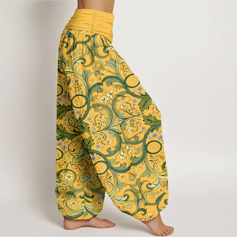 Buddha Stones Pure Cotton Layered Leaves Vines Flowers Pattern Women's Elastic Waist Harem Pants