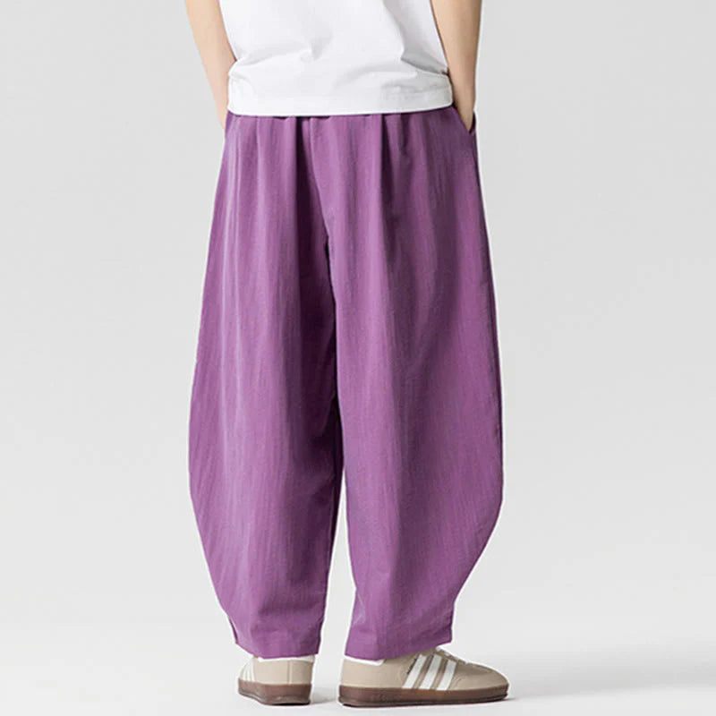 Buddha Stones Summer Pure Color Drawstring Men's Cotton Ankle-Length Pants With Pockets