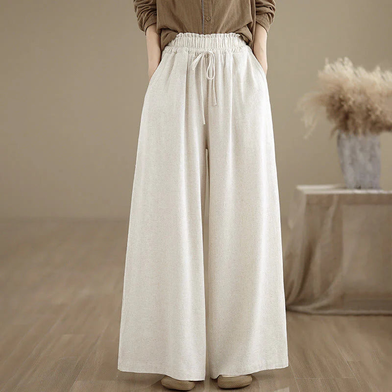 Buddha Stones Women's Pure Color Drawstring Cotton Linen Wide Leg Ankle-Length Pants With Pockets