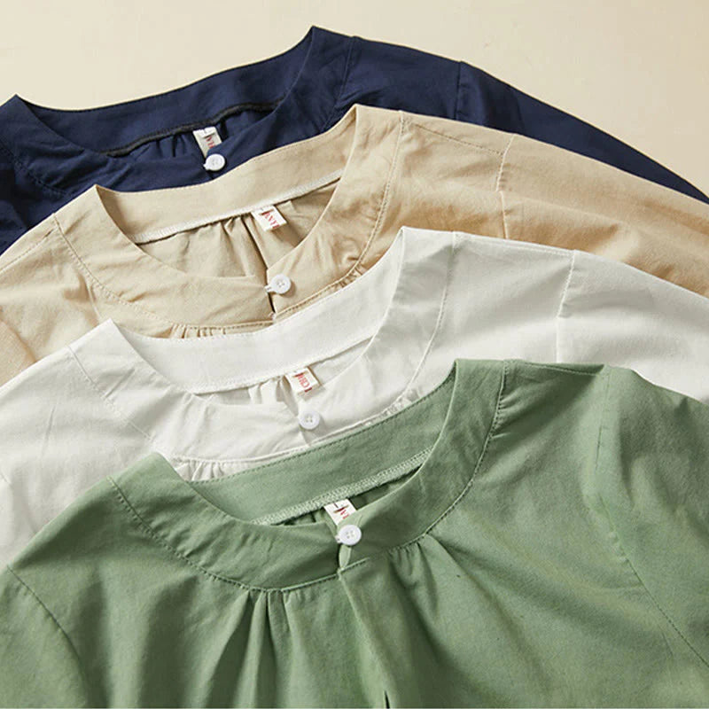 Buddha Stones Casual Plain Button Women's Short Sleeve Cotton Linen T-shirt