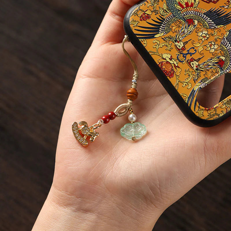 Buddha Stones Year of the Horse Copper Cinnabar Blue Chalcedony Red Agate Liuli Luck Phone Hanging Decoration