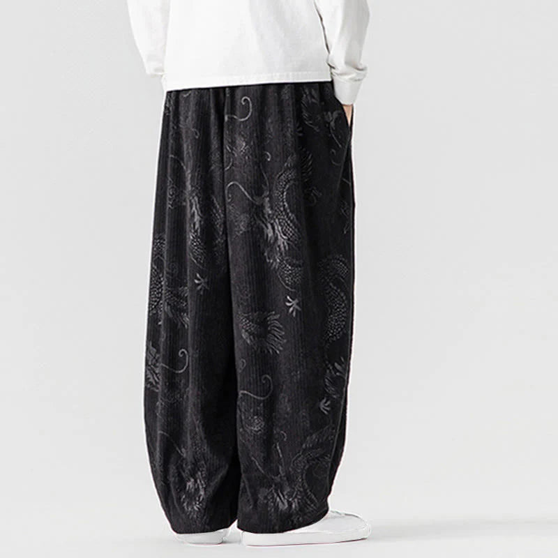 Buddha Stones Winter Dragon Phoenix Pattern Cotton Corduroy Men's Harem Pants With Pockets