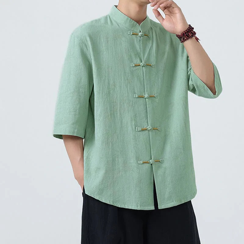 Buddha Stones Summer Bamboo Leaves Pattern Chinese Frog-Button Cotton Linen Short Sleeve Men's Shirt