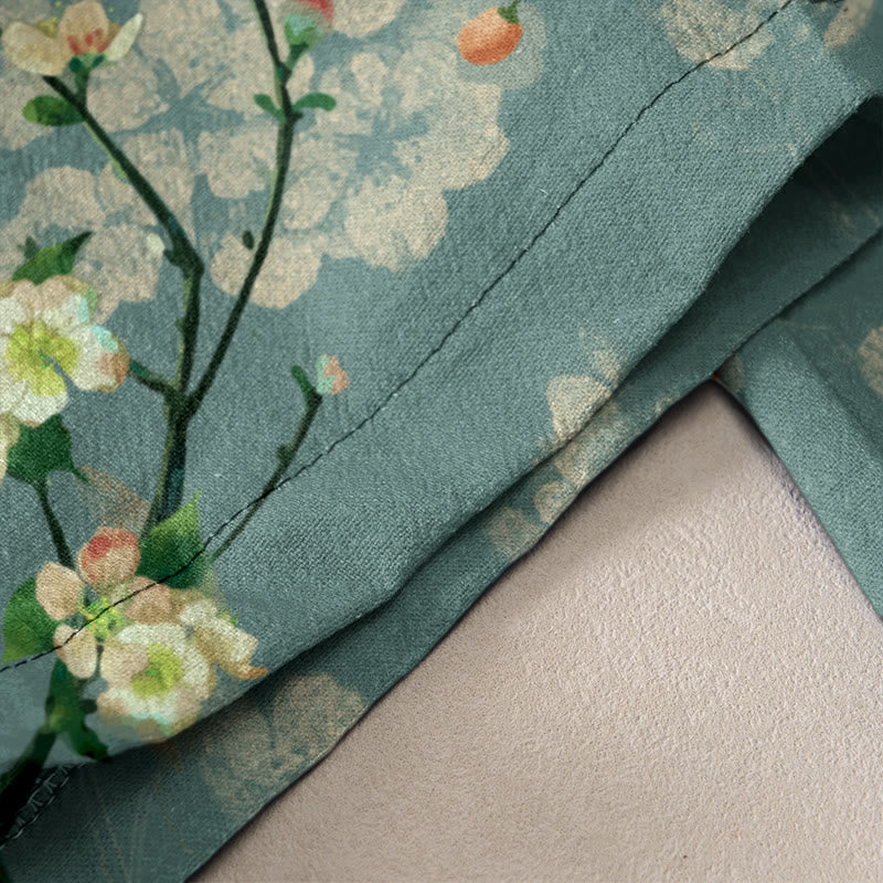 Buddha Stones Cotton Casual Peach Blossoms Flying Geese Pattern Women's Elastic Waist Pants With Pockets