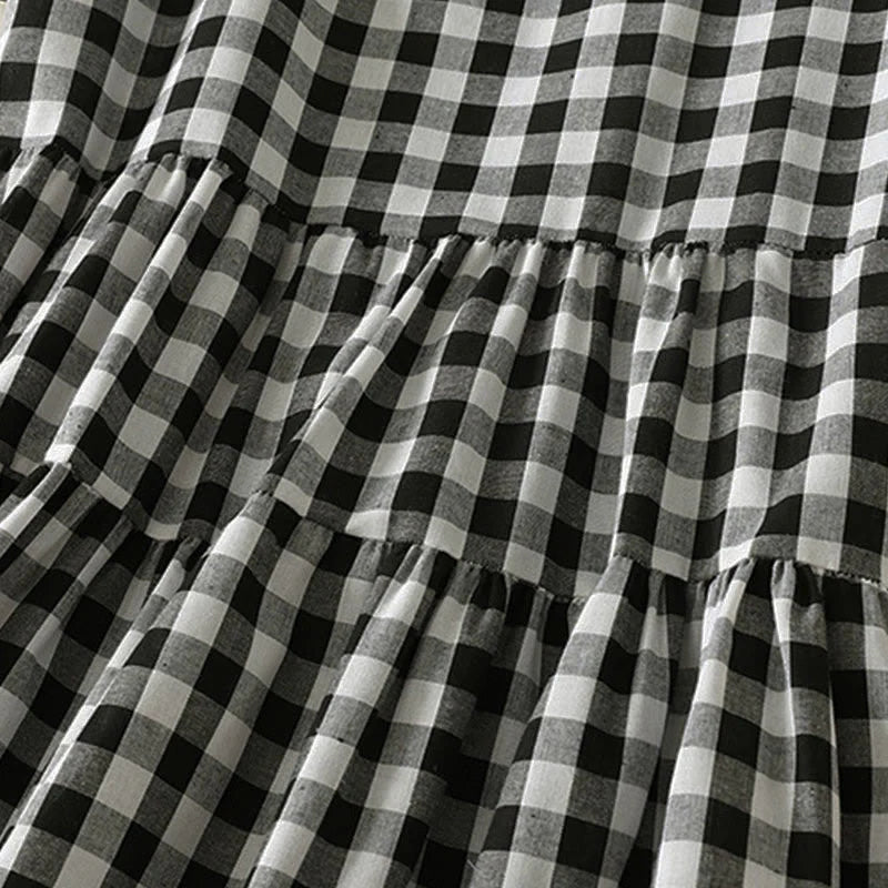 Buddha Stones Casual V-neck Short Sleeve Cotton Plaid Summer Midi Dress
