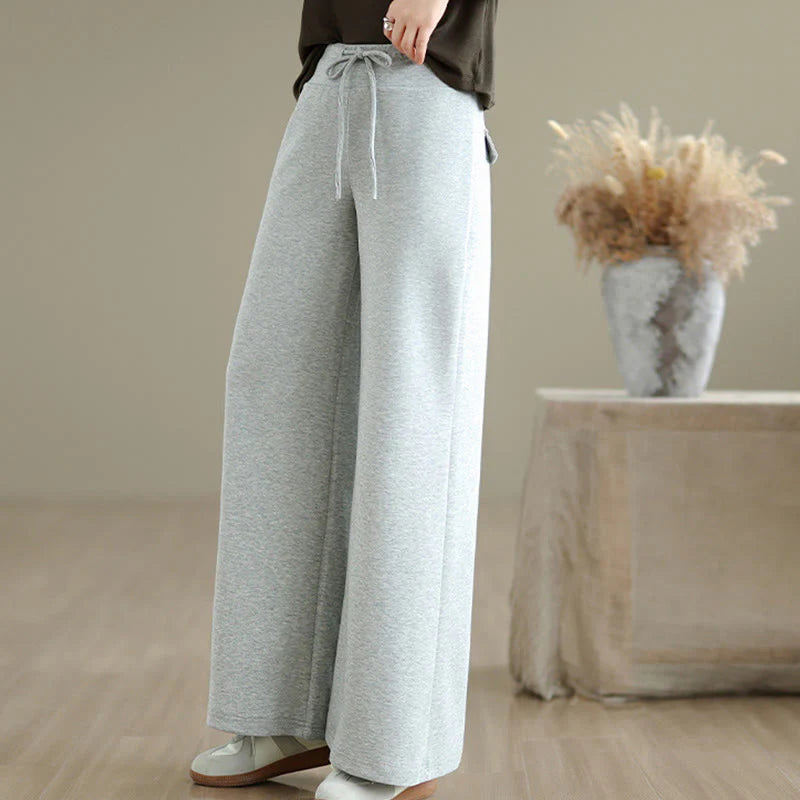Buddha Stones Plain Drawstring Cotton Polyester Women's Wide Leg Pants With Pockets