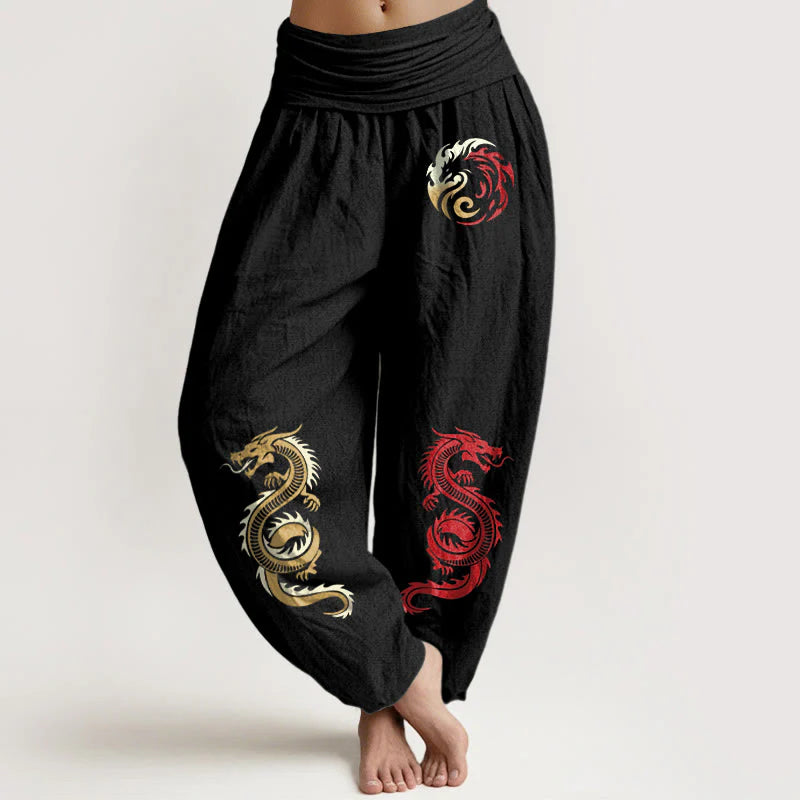 Buddha Stones Pure Cotton Dragon Pattern Women's Elastic Waist Harem Pants