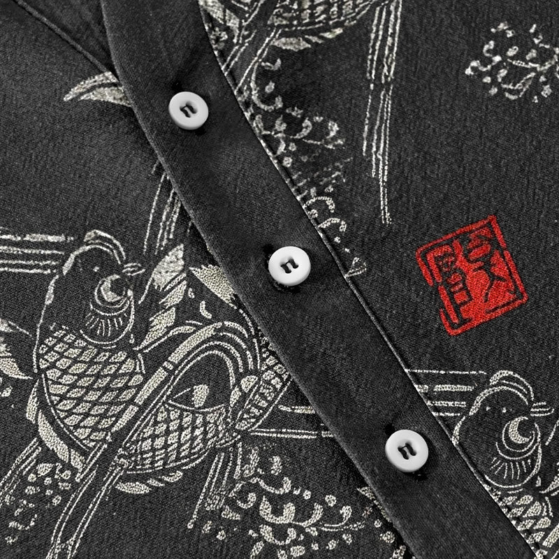 Buddha Stones Cotton Koi Fish Bamboo Pattern Men's Short Sleeve Half Button Shirt