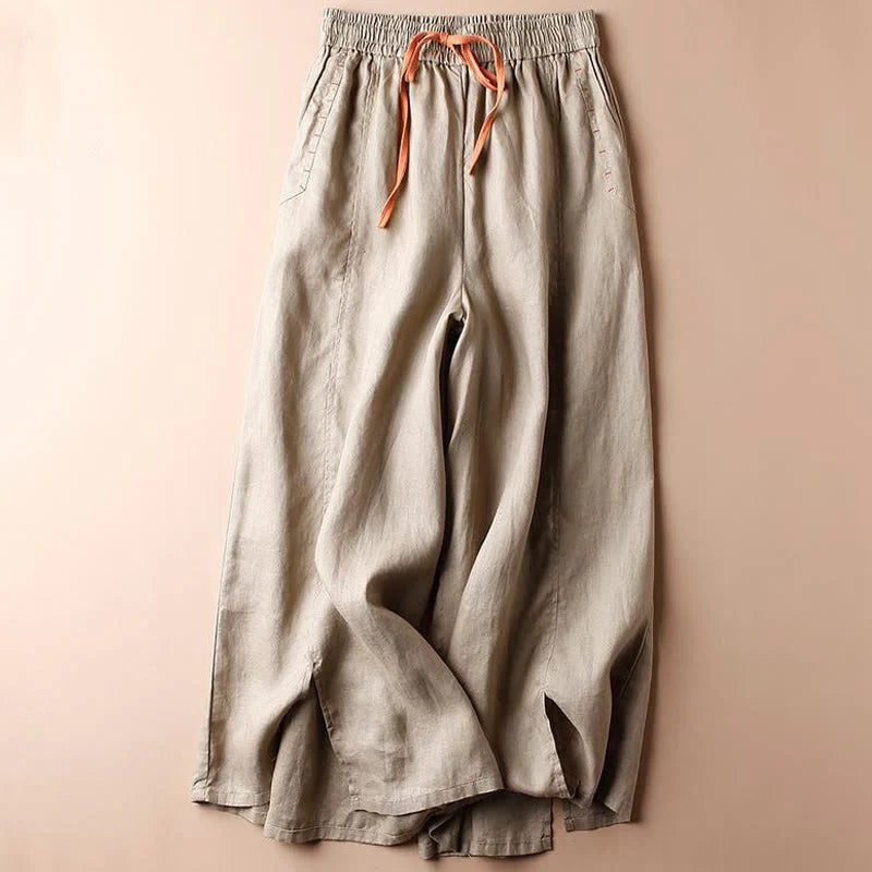 Buddha Stones Casual Cotton Slit Hem Women's 7-8 Length Wide Leg Pants With Pockets