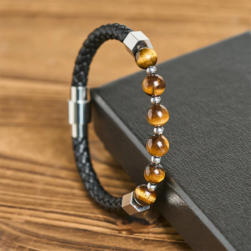Buddha Stones Tiger Eye Titanium Steel Courage Balance Leather Bracelet