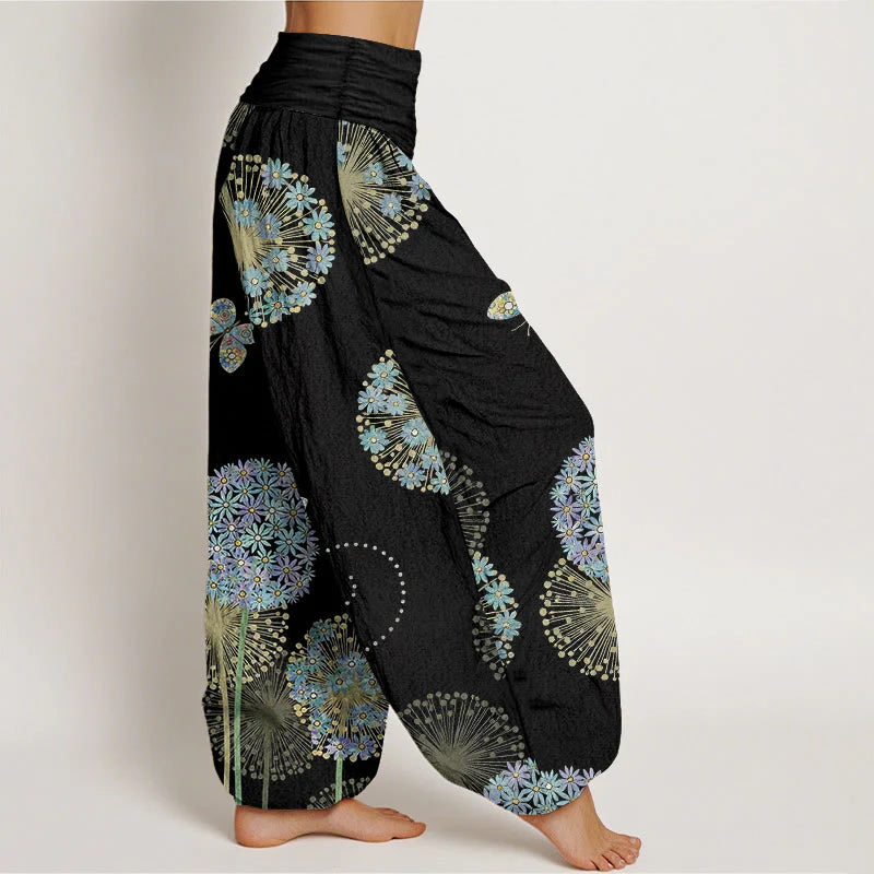 Buddha Stones Cotton Dreamlike Dandelion Butterfly Pattern Women's Elastic Waist Harem Pants