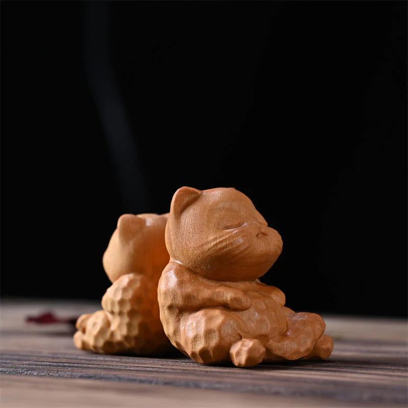 Buddha Stones Mini Cute Sitting Cat Sandalwood Protection Home Decoration