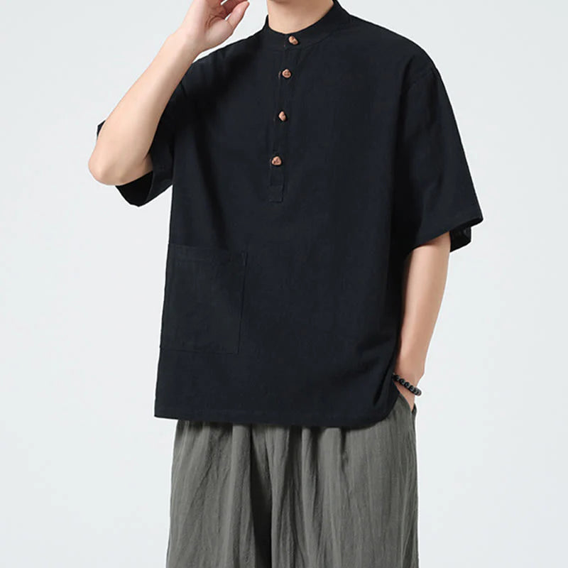 Buddha Stones Casual Half Frog-Button Design Stand Collar Tang Suit Men's Half Sleeve Cotton Shirt With Pocket