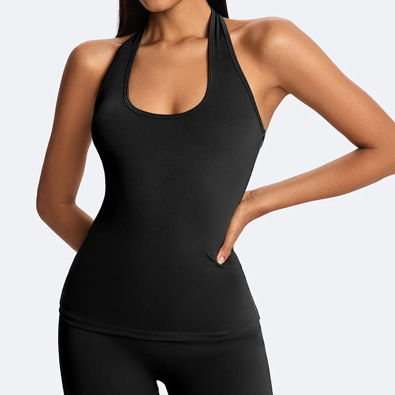 Buddha Stones Solid Crop Halter Backless Sleeveless Top Straight Leg Pants For Sports Fitness Yoga
