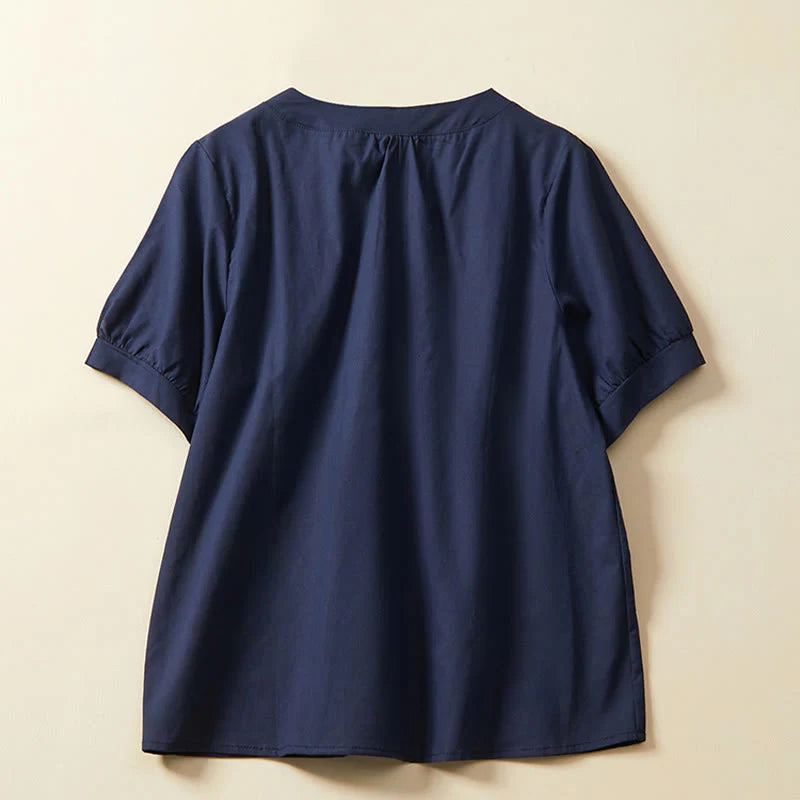 Buddha Stones Casual Plain Button Women's Short Sleeve Cotton Linen T-shirt