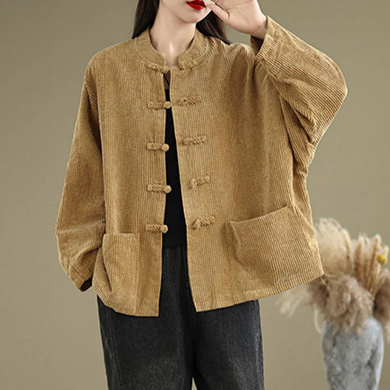 Buddha Stones Frog-button Stand Collar Women's Corduroy Jacket