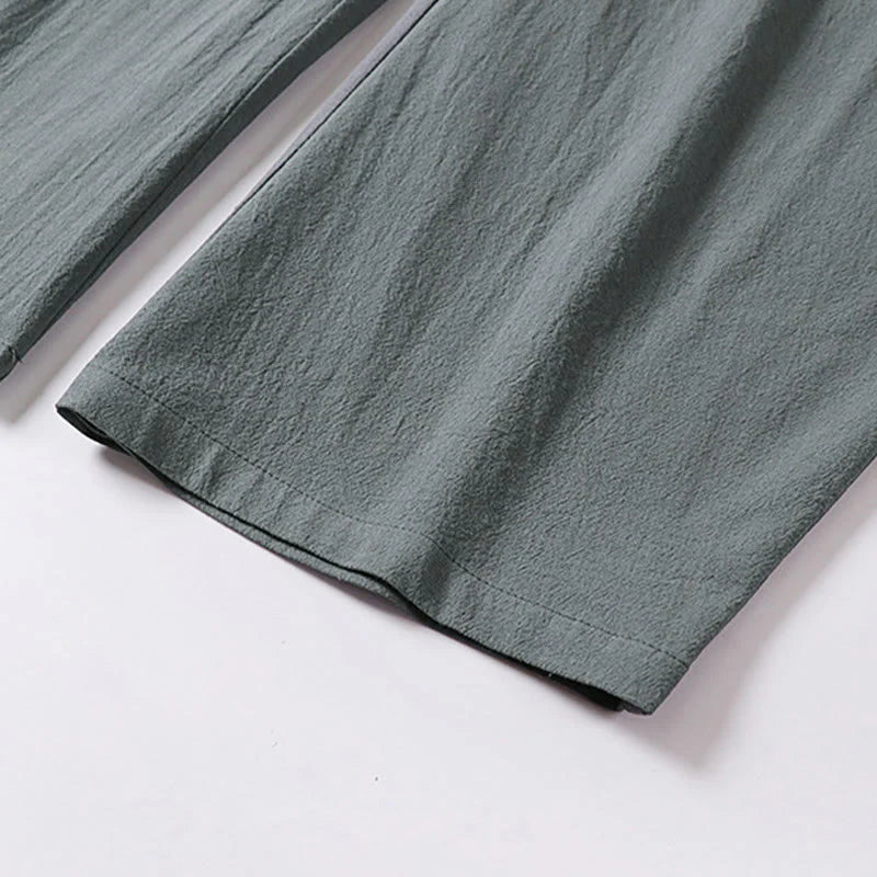 Buddha Stones Plain Straight Leg Zipper Design Men's Cotton Linen Pants With Pockets