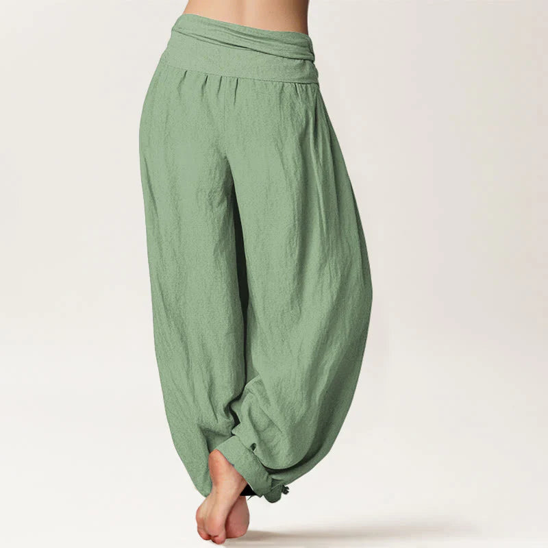 Buddha Stones Cotton Green Solid Color Women's Elastic Waist Harem Pants