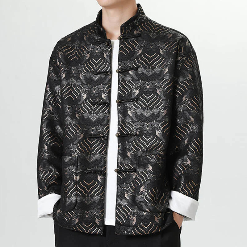 Buddha Stones Frog-Button Chinese Tang Suit Wave Shape Long Shirt Men Jacket Clothing (Extra 30% Off | USE CODE: FS30)