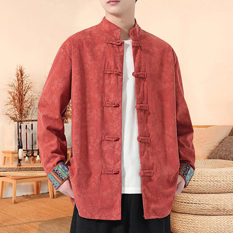 Buddha Stones Plain Plum Blossom Pattern Long Sleeve Men's Cotton Corduroy Tang Suit Jacket