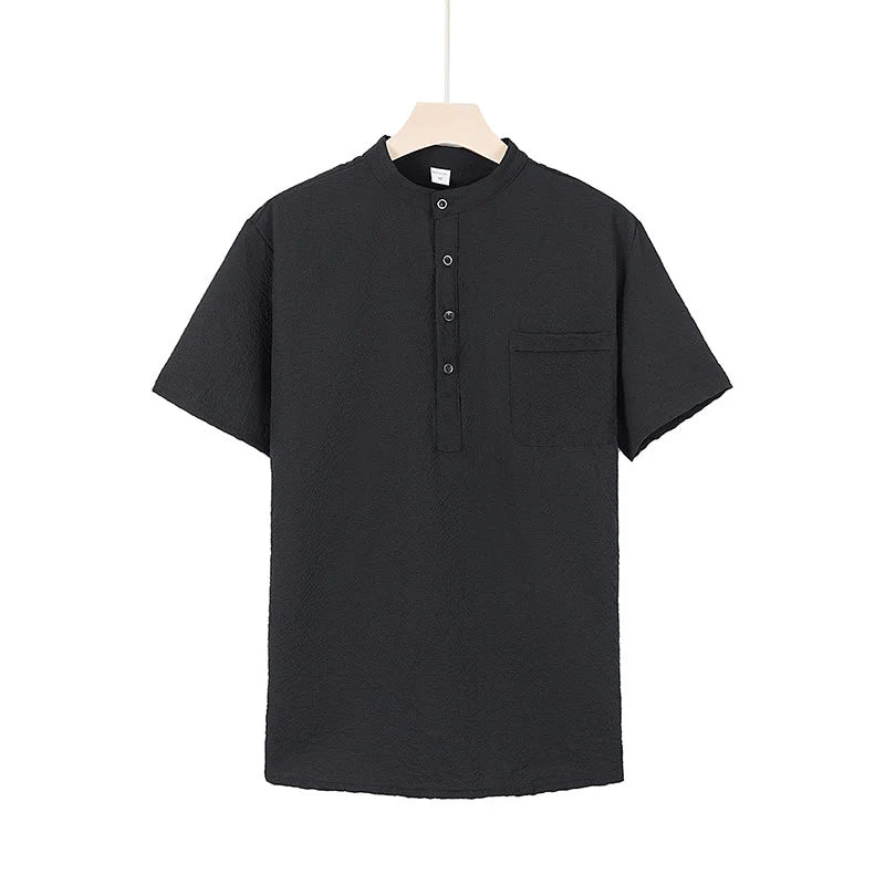 Buddha Stones Solid Color Polo Plaid Half Buttons Men's Short Sleeve Shirt