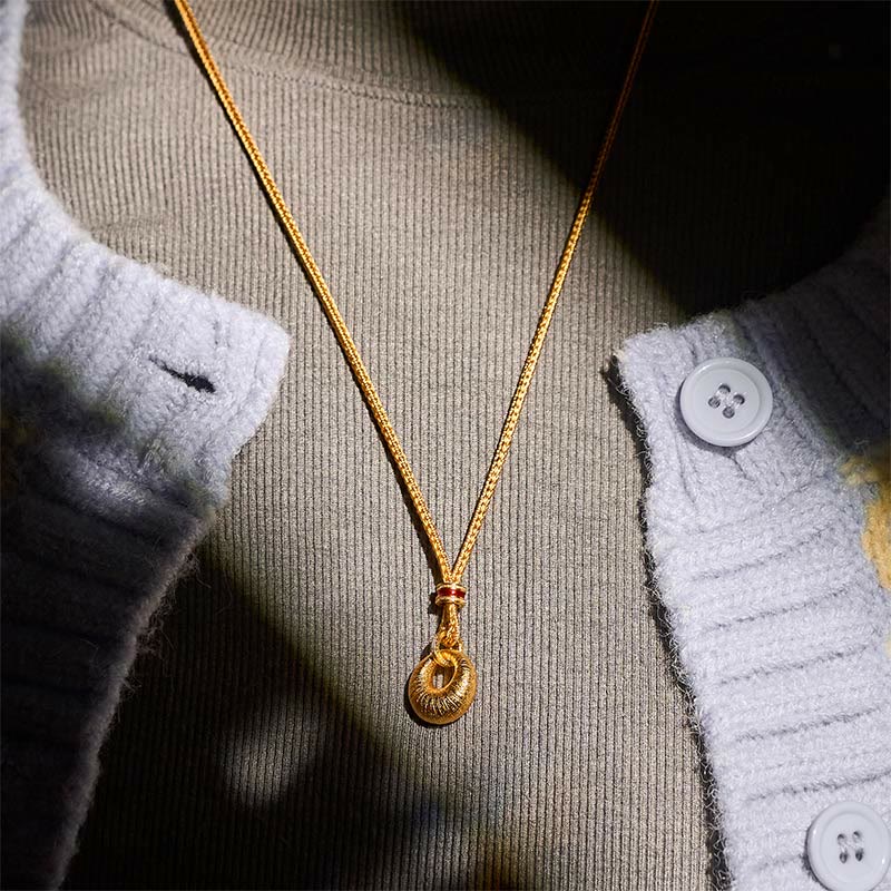 Buddha Stones 24k Gold Plated Copper Peace Buckle Texture Wealth Necklace Pendant