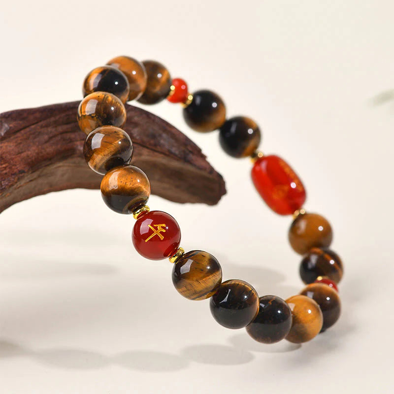 Buddha Stones 12 Chinese Zodiac Natural Tiger Eye Red Agate Protection Bracelet