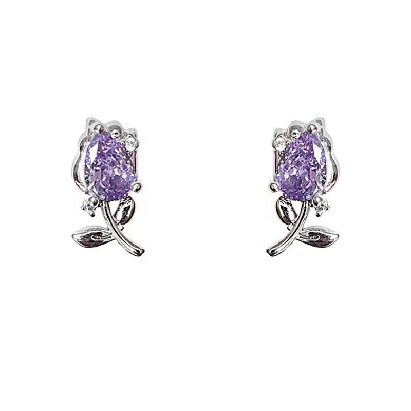 Buddha Stones Pink Purple Tulip Zircon Copper Healing Stud Earrings