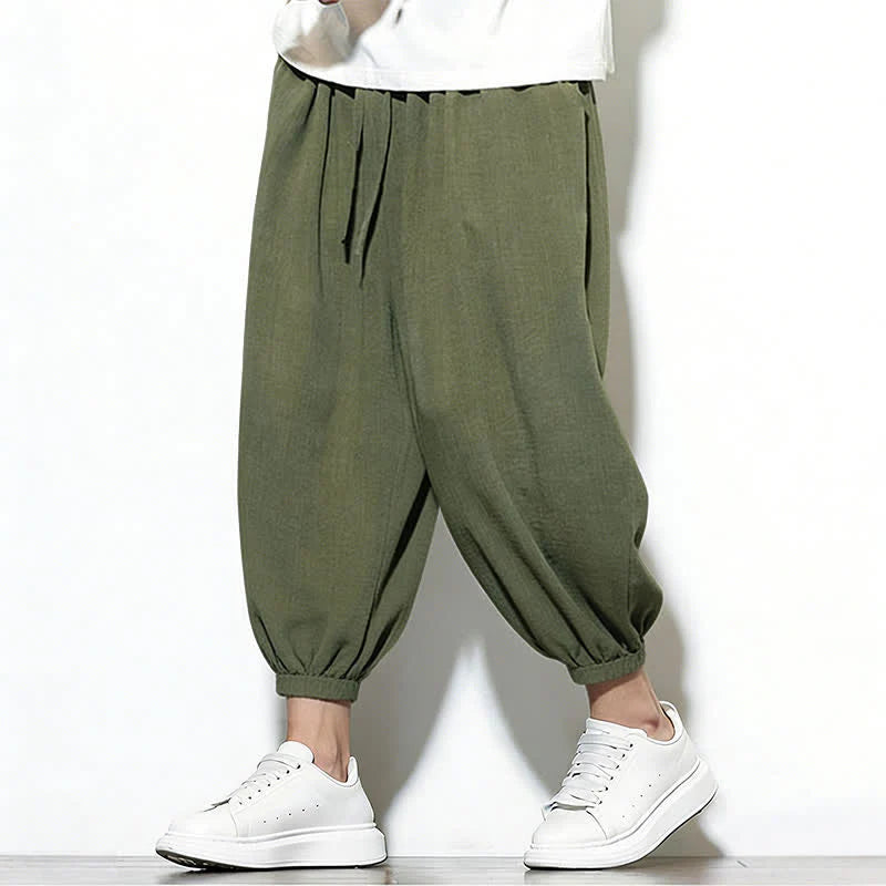 Buddha Stones Spring Solid Color Drawstring Elastic Design Men's Harem Capri Pants