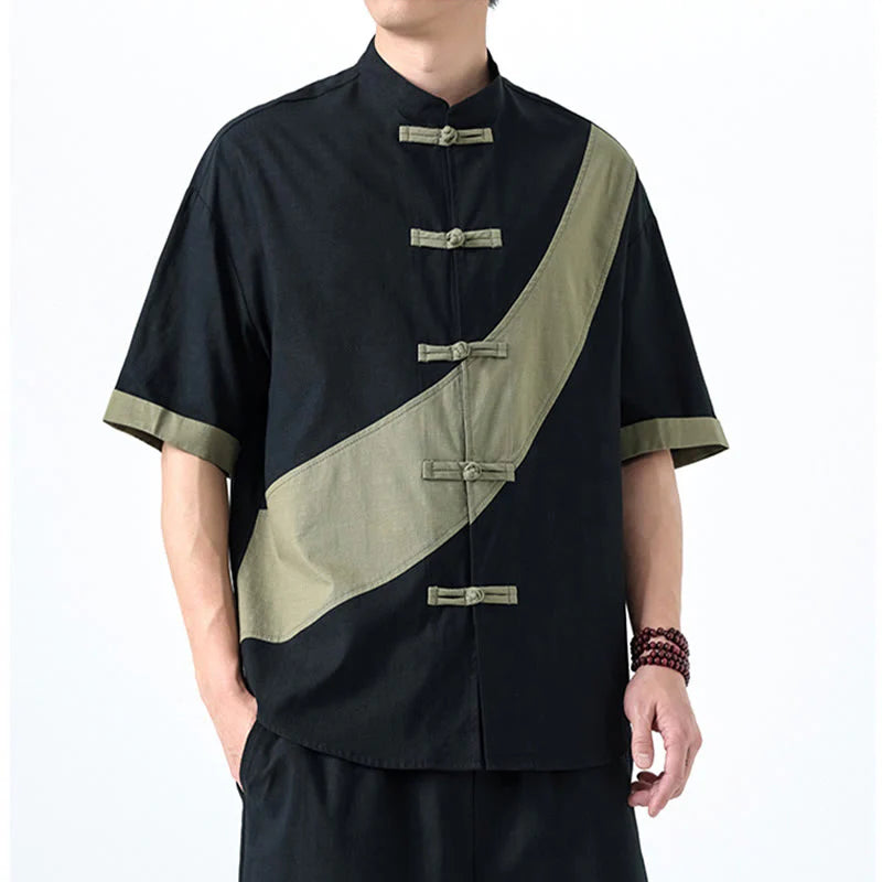 Buddha Stones Spring Color Contrast Chinese Frog-Button Design Men's Half Sleeve Cotton Linen Shirt