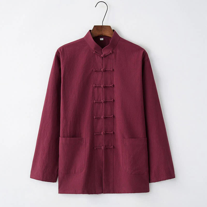 Buddha Stones Tang Frog-Button Long Sleeve Shirt Cotton Men's Clothing