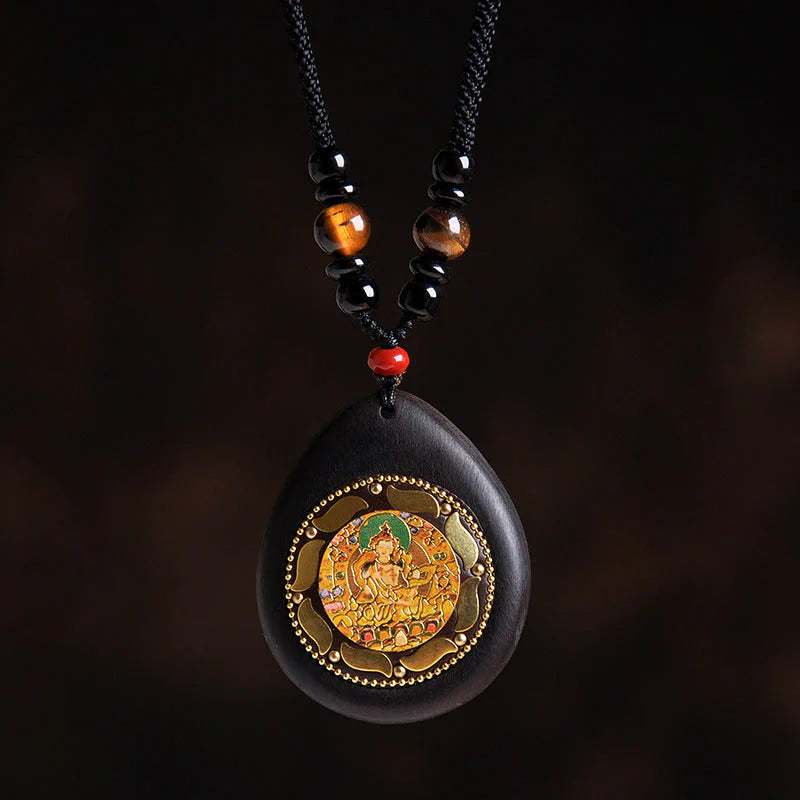 Buddha Stones Chinese Zodiac Natal Buddha Ebony Wood Tiger Eye Black Onyx Calm Necklace Pendants