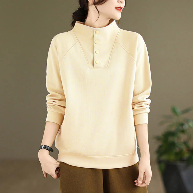 Buddha Stones Fall Solid Stand Collar Buttons Design Long Sleeve Women's Cotton Sweatshirt