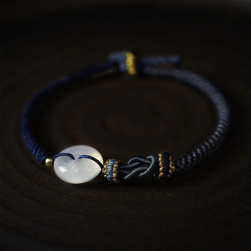 Buddha Stones Handmade White Agate Peace Buckle Luck Happiness Protection Weave String Bracelet
