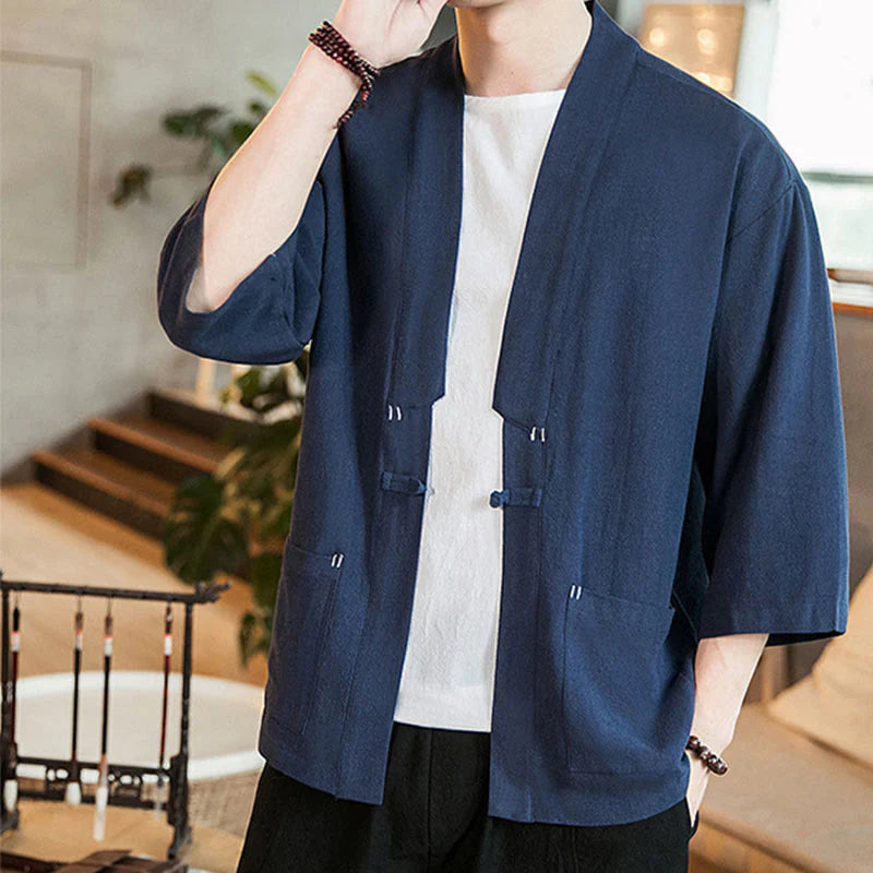 Buddha Stones Plain Chinese Frog-Button Jacket Cotton Linen Men's Three Quarter Sleeve Kimono