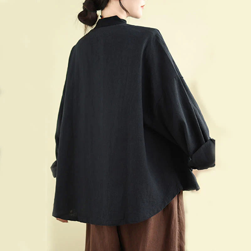 Buddha Stones Plain Design Long Sleeve Women's Cotton Linen Jacket With Pockets