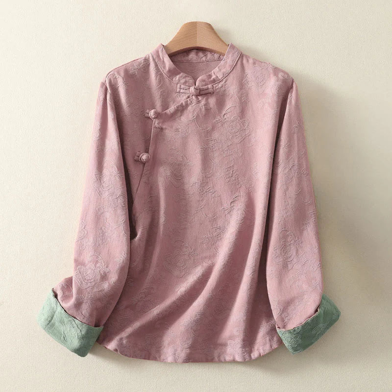 Buddha Stones Jacquard Diagonal Placket Long Sleeve Women's Cotton Linen Buttons Shirt