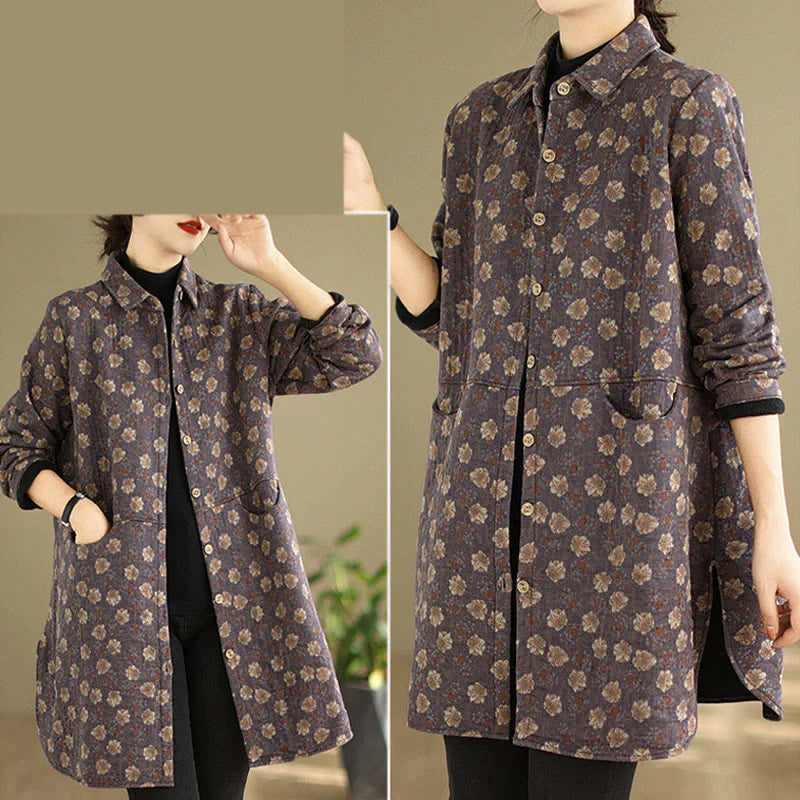 Buddha Stones Fall Winter Buttons Flower Patterns Long Sleeve Cotton Women's Jacket With Pockets