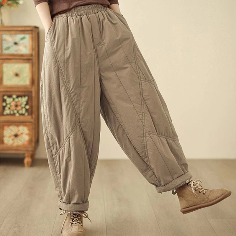 Buddha Stones Winter Plain High Waist Cotton Women's Harem Thermal Elastic Waist Pants With Pockets