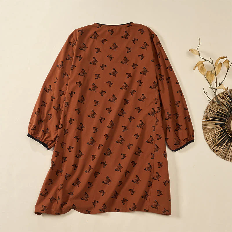 Buddha Stones Butterfly Pattern V-Neck Long Sleeve Women's Polyester Shirt