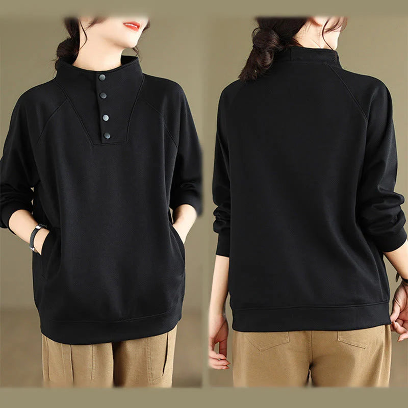 Buddha Stones Fall Solid Stand Collar Buttons Design Long Sleeve Women's Cotton Sweatshirt