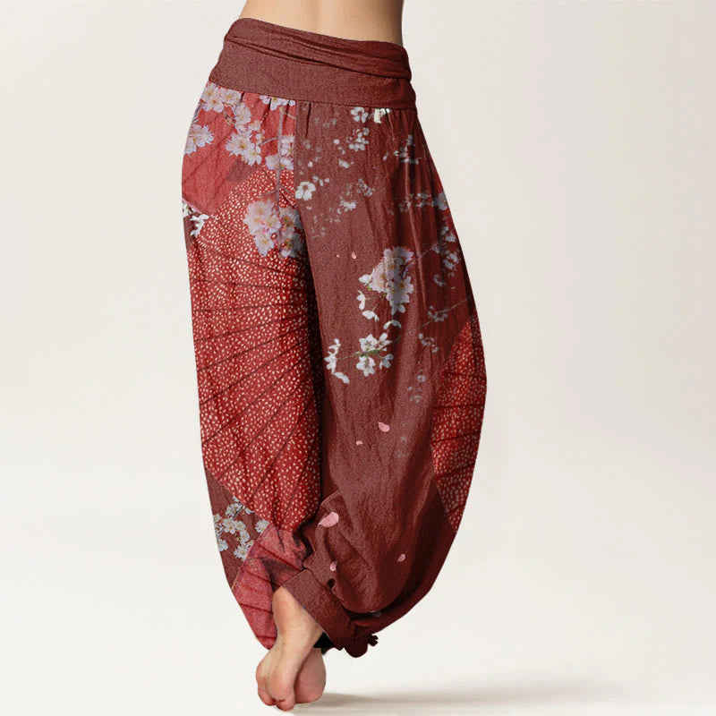 Buddha Stones Cotton Casual Red Oil-paper Umbrella Cherry Blossom Pattern Women's Elastic Waist Harem Pants