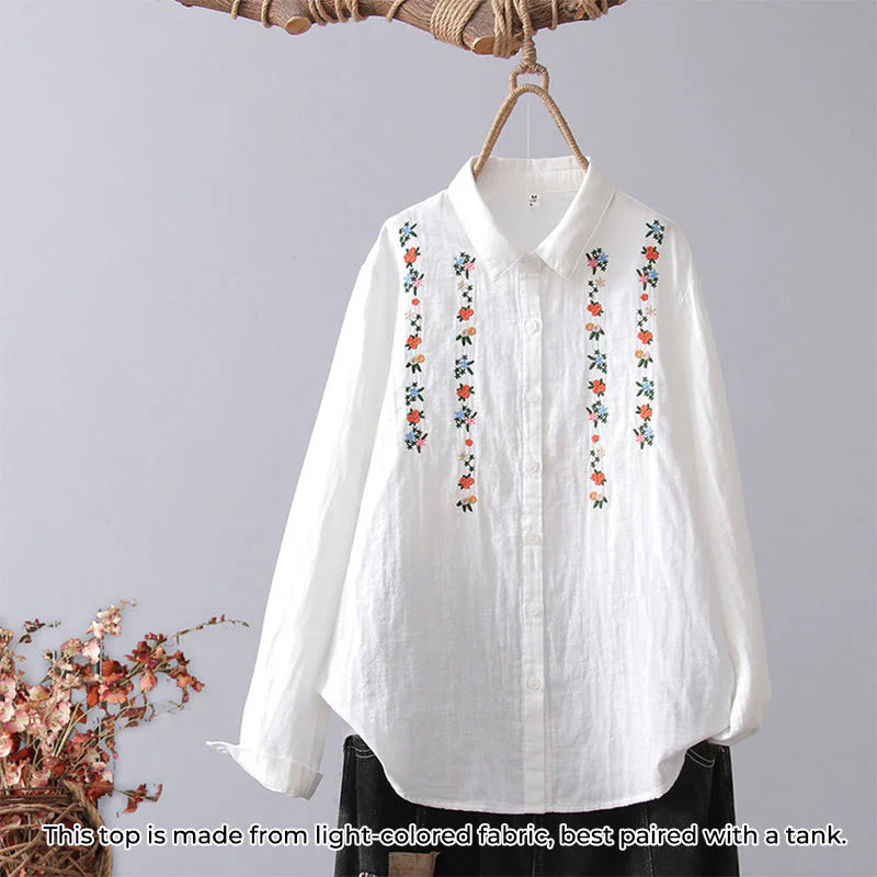 Buddha Stones Fall White Geometric Striped Flower Embroidery Button Women's Cotton Long Sleeve Shirt